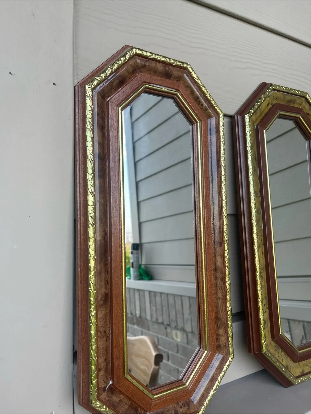 Octagonal Wood and Gold Trim Wall Mirror - Set of 3 18.5”-8” OBO